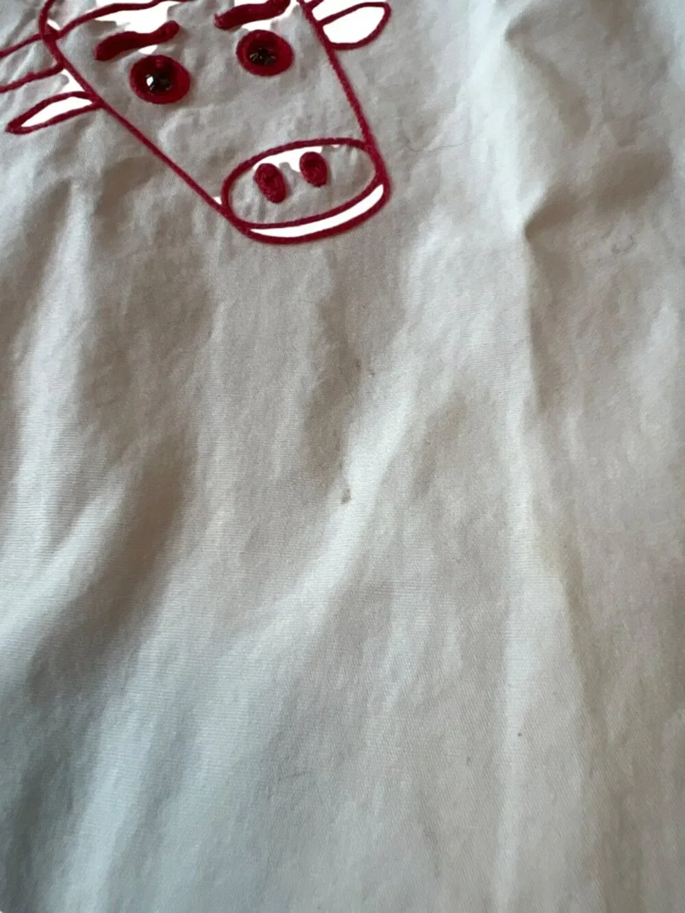 Vintage 60's Childs Shirt  With Bull Embroidery Red Trim White Cotton Strange